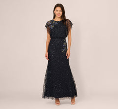 Short Sleeve Beaded Floral Embroidery Gown In Midnight Multi