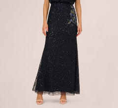 Short Sleeve Beaded Floral Embroidery Gown In Midnight Multi