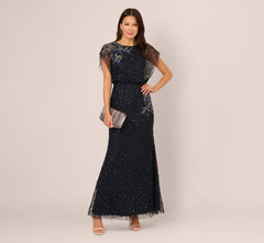 Short Sleeve Beaded Floral Embroidery Gown In Midnight Multi