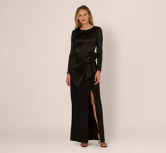 Long Sleeve Satin Bow Gown In Black