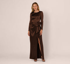 Long Sleeve Satin Bow Gown In Chocolate