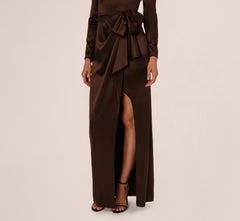 Long Sleeve Satin Bow Gown In Chocolate