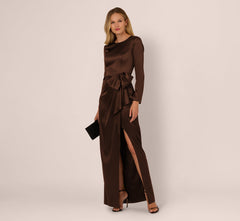 Long Sleeve Satin Bow Gown In Chocolate
