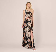One Shoulder Floral Ribbon Stripe Gown In Black Multi