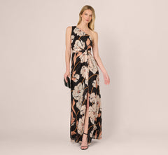 One Shoulder Floral Ribbon Stripe Gown In Black Multi