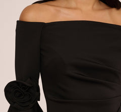 Off Shoulder Three Quarter Rosette Sleeve Cocktail Dress In Black