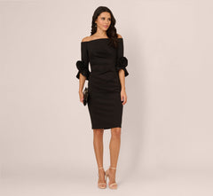 Off Shoulder Three Quarter Rosette Sleeve Cocktail Dress In Black