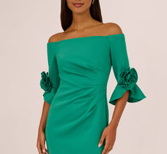 Off Shoulder Three Quarter Rosette Sleeve Cocktail Dress In Emerald