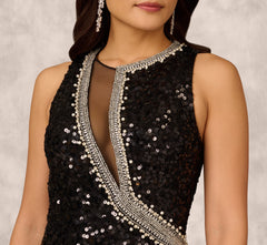 Sleeveless Asymmetrical Illusion Sequin Gown In Black