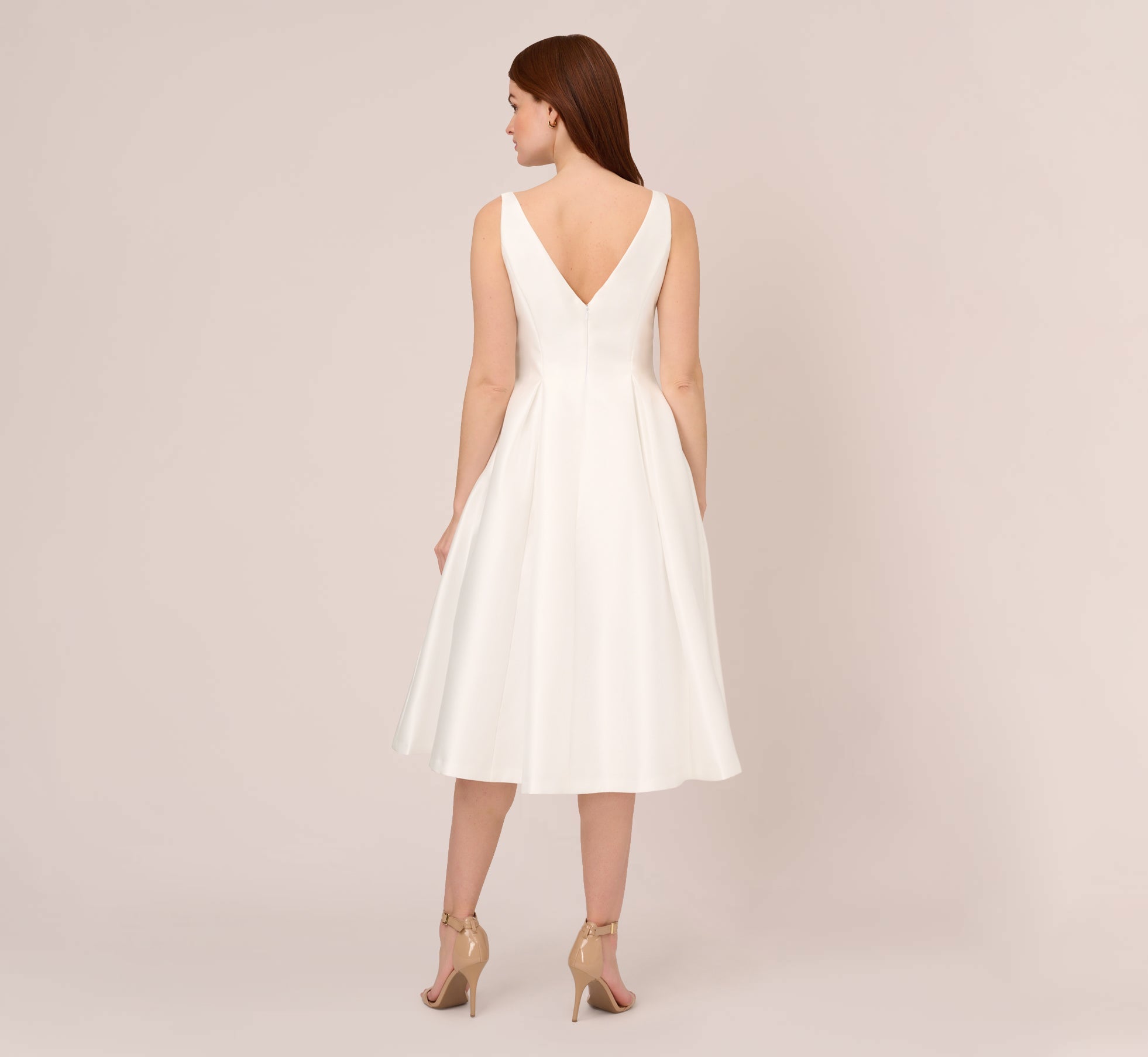 Sleeveless Mikado Fit And Flare Midi Dress With V-Back In Ivory