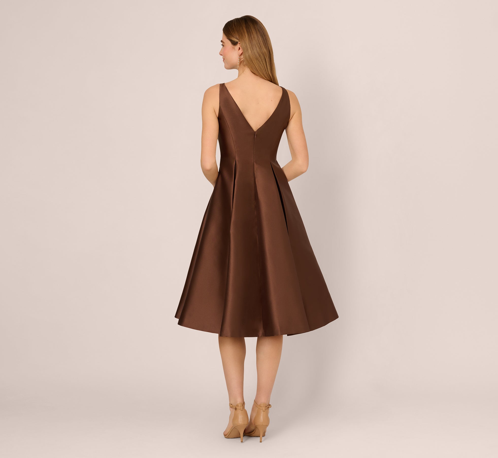 Sleeveless Mikado Fit And Flare Midi Dress With V-Back In Espresso