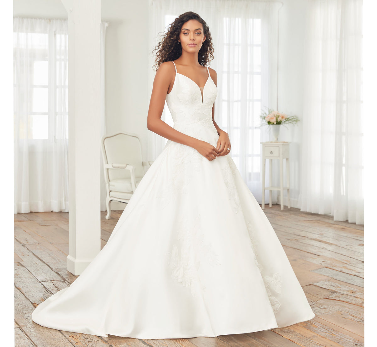 Floral Beaded Mikado A-Line Gown In Ivory Nude