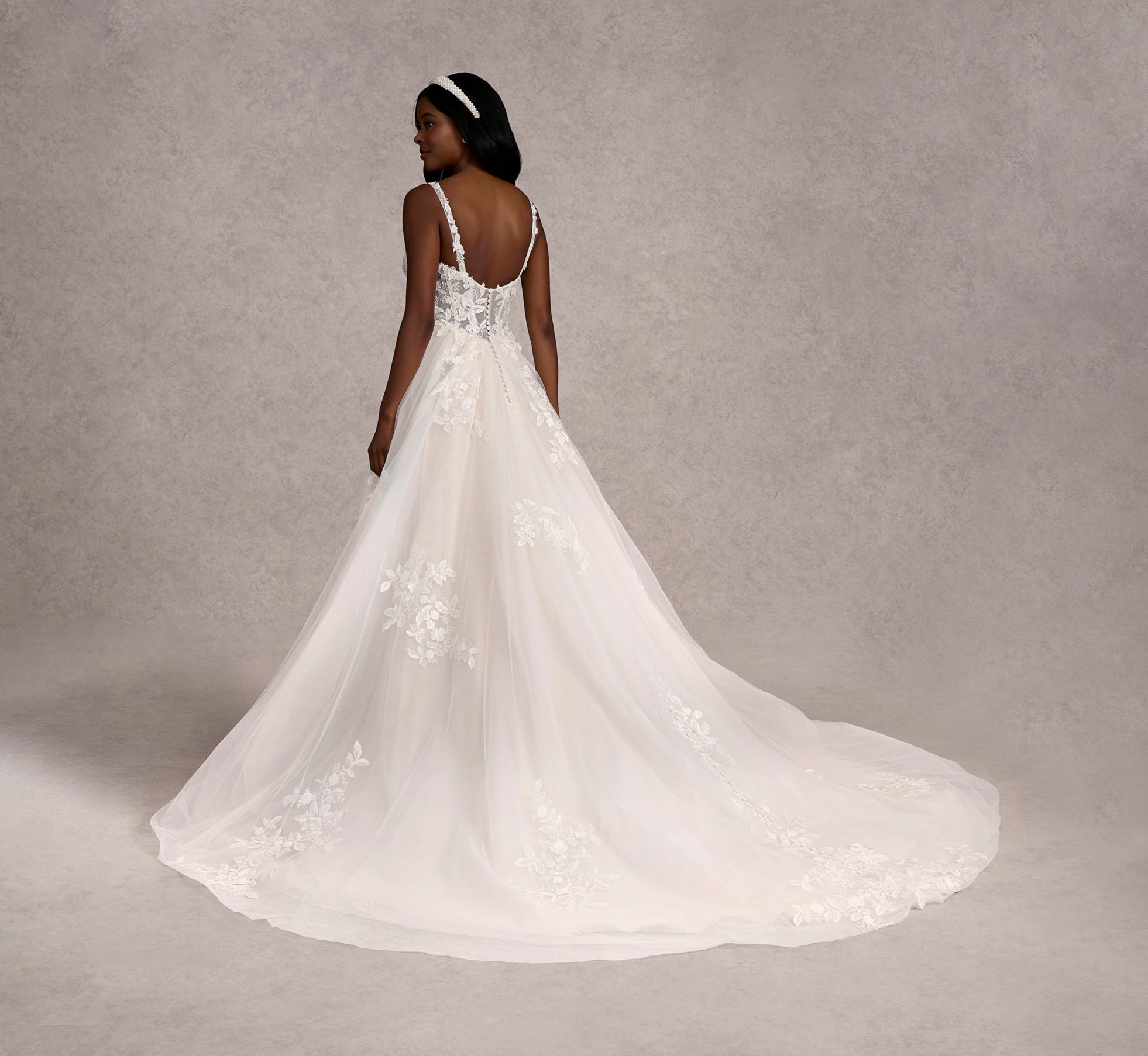 Hand Beaded 3D Floral Lace And Tulle A-Line Gown In Ivory Almond Nude