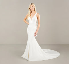 Stretch Crepe Wedding Dress With Pearl Trim In Ivory