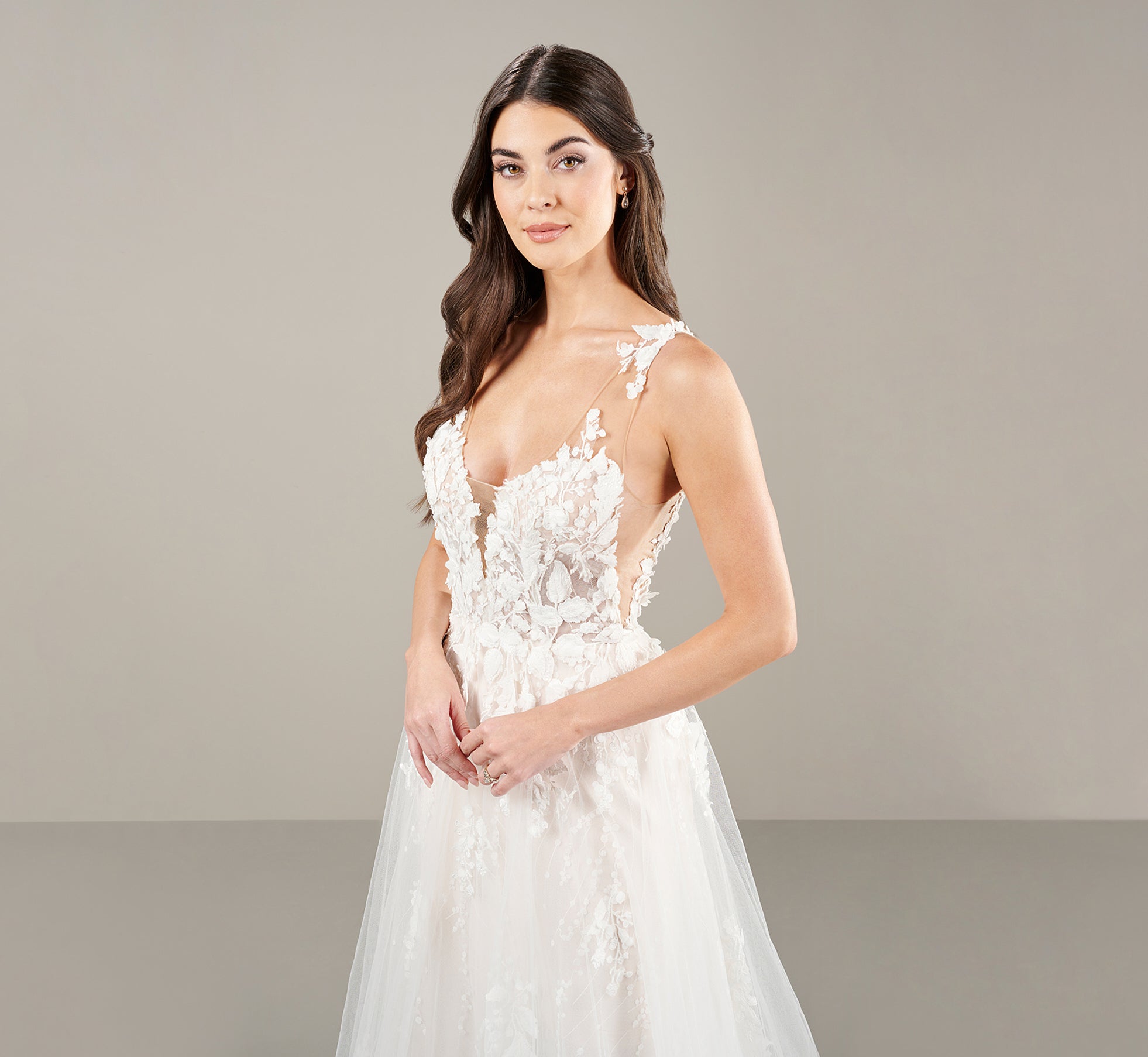 Ethereal A Line Lace Gown In Ivory Almond