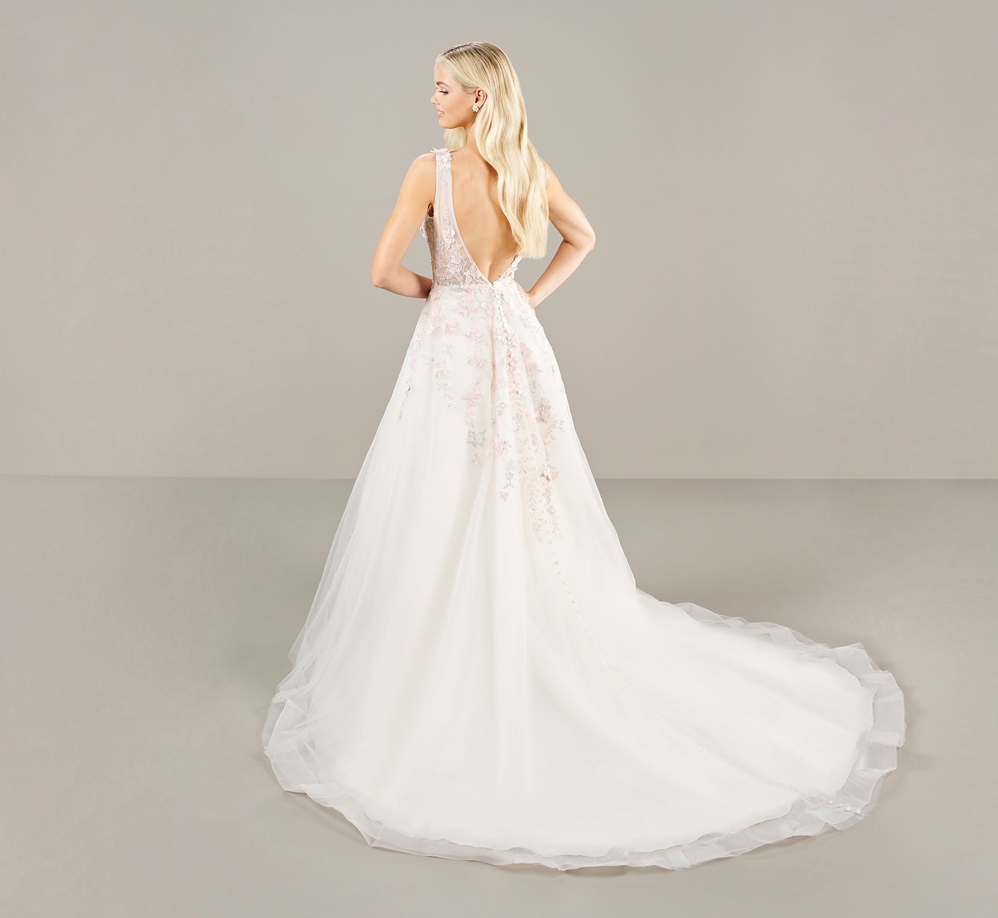 Plunging V Neck With Blush Multi Lace Applique Gown In Ivory Blush Multi