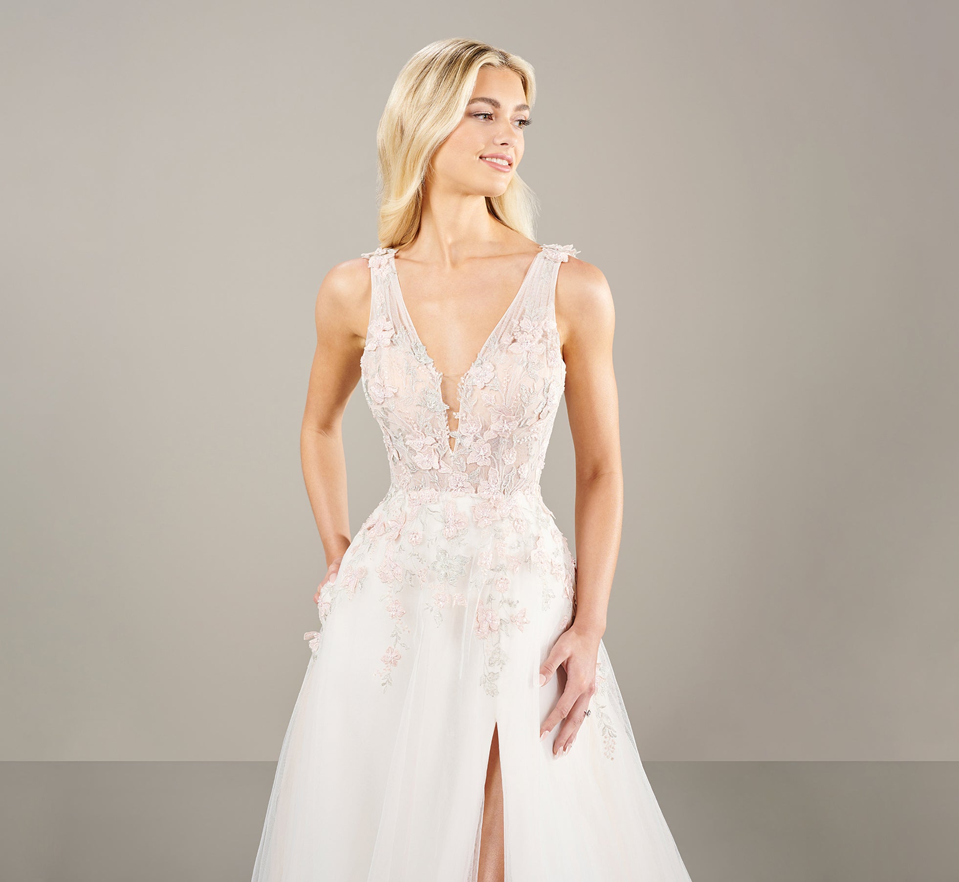Plunging V Neck With Blush Multi Lace Applique Gown In Ivory Blush Multi