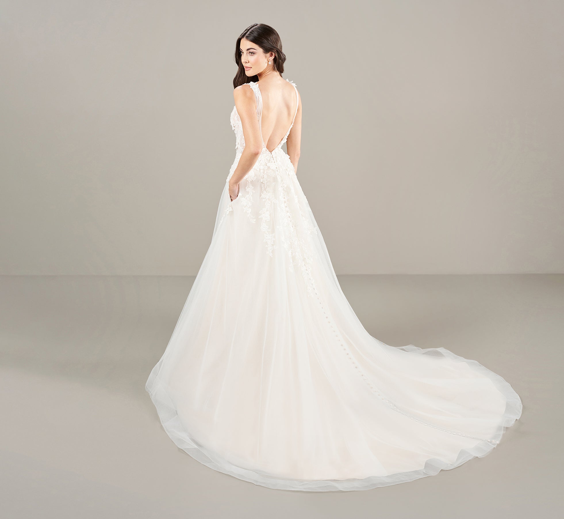 Plunging V Neck A Line Gown In Ivory Almond