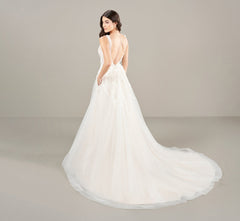 Plunging V Neck A Line Gown In Ivory Almond