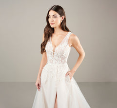 Plunging V Neck A Line Gown In Ivory Almond