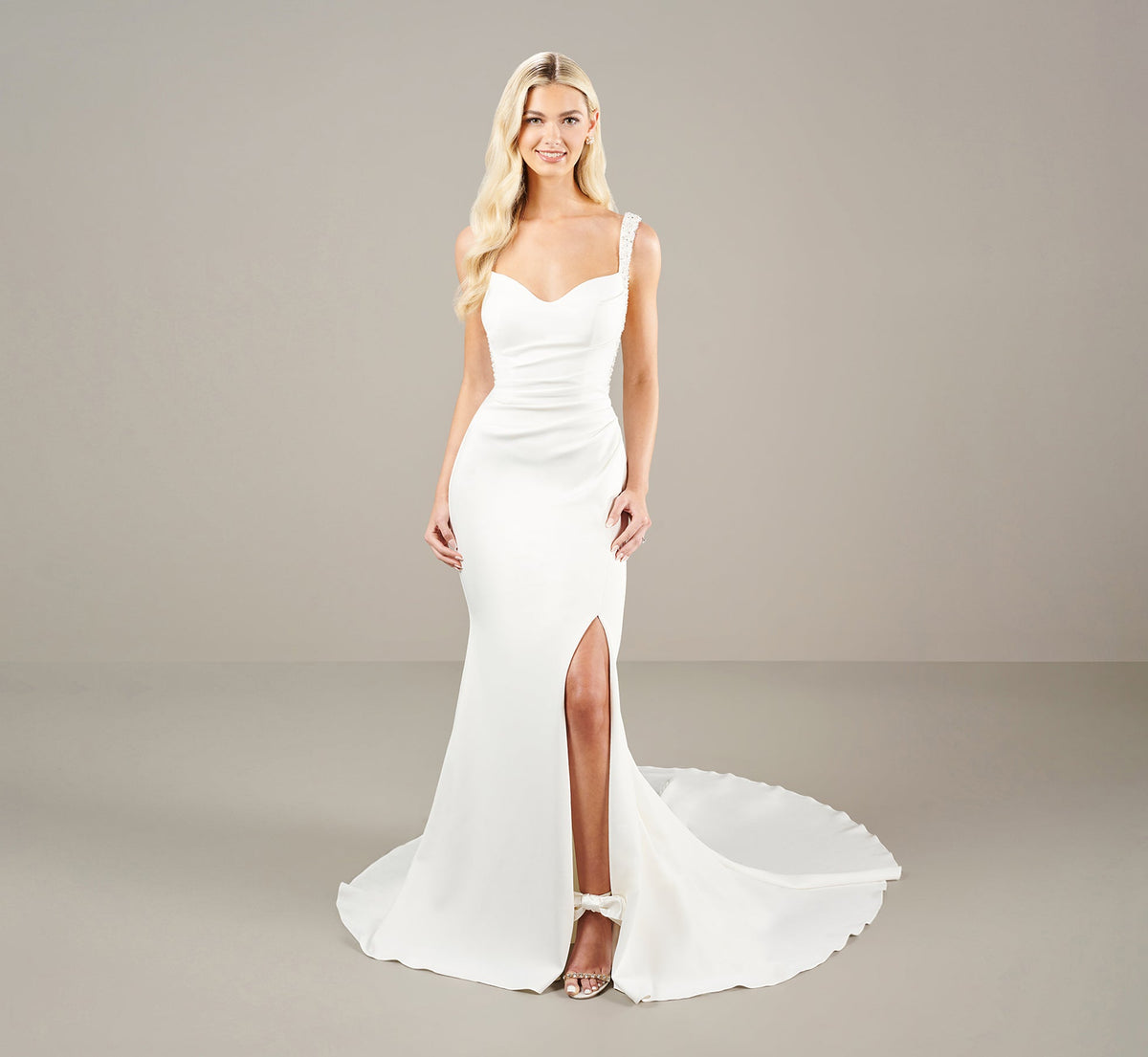 Body Hugging Scuba Jersey Beaded Trim And Detachable Train In Ivory