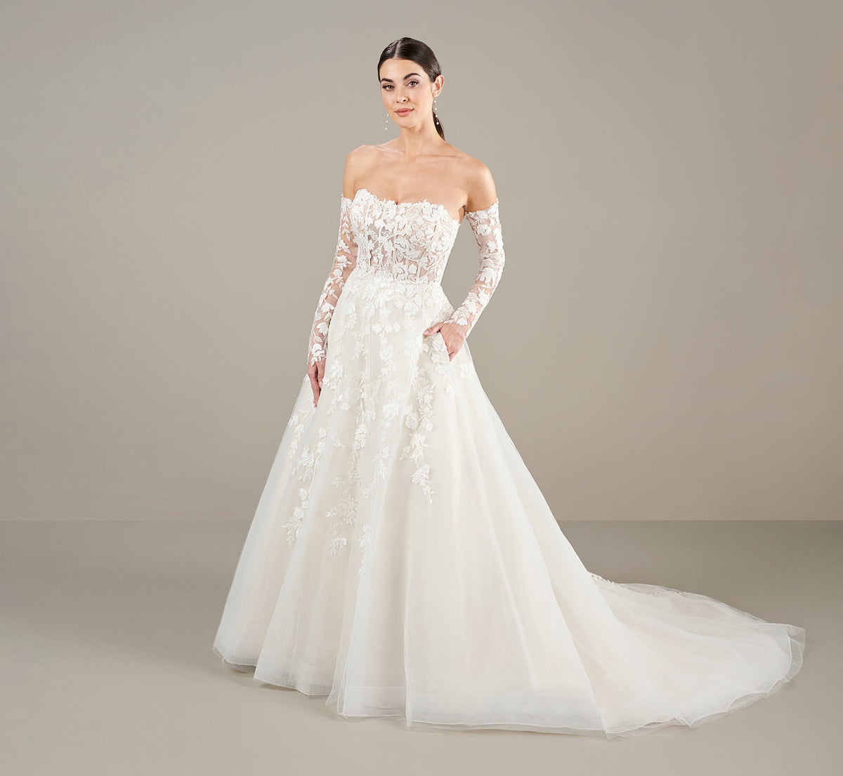 Strapless Lace Applique A Line Wedding Gown In Ivory Oyster