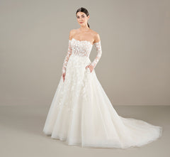 Strapless Lace Applique A Line Wedding Gown In Ivory Oyster