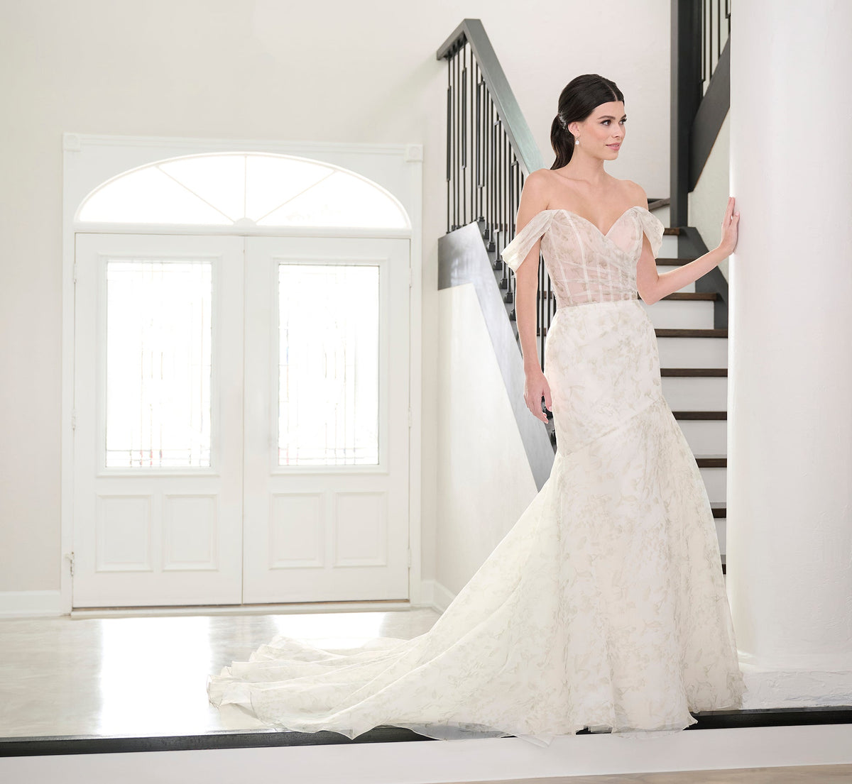 Watercolor Printed Organza Gown In Green Multi