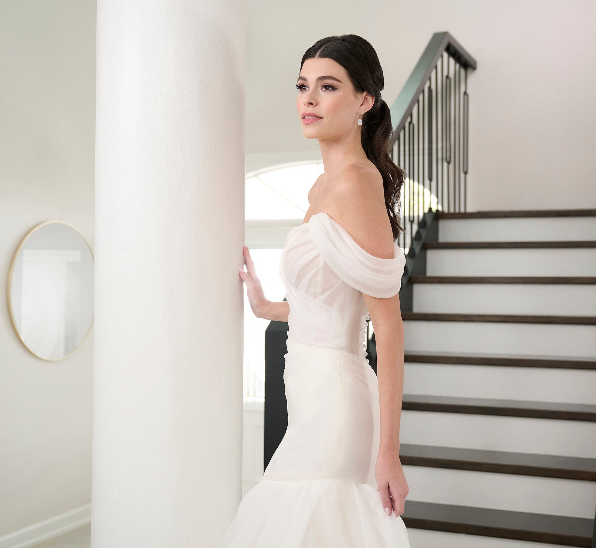 Watercolor Printed Organza Gown In Ivory