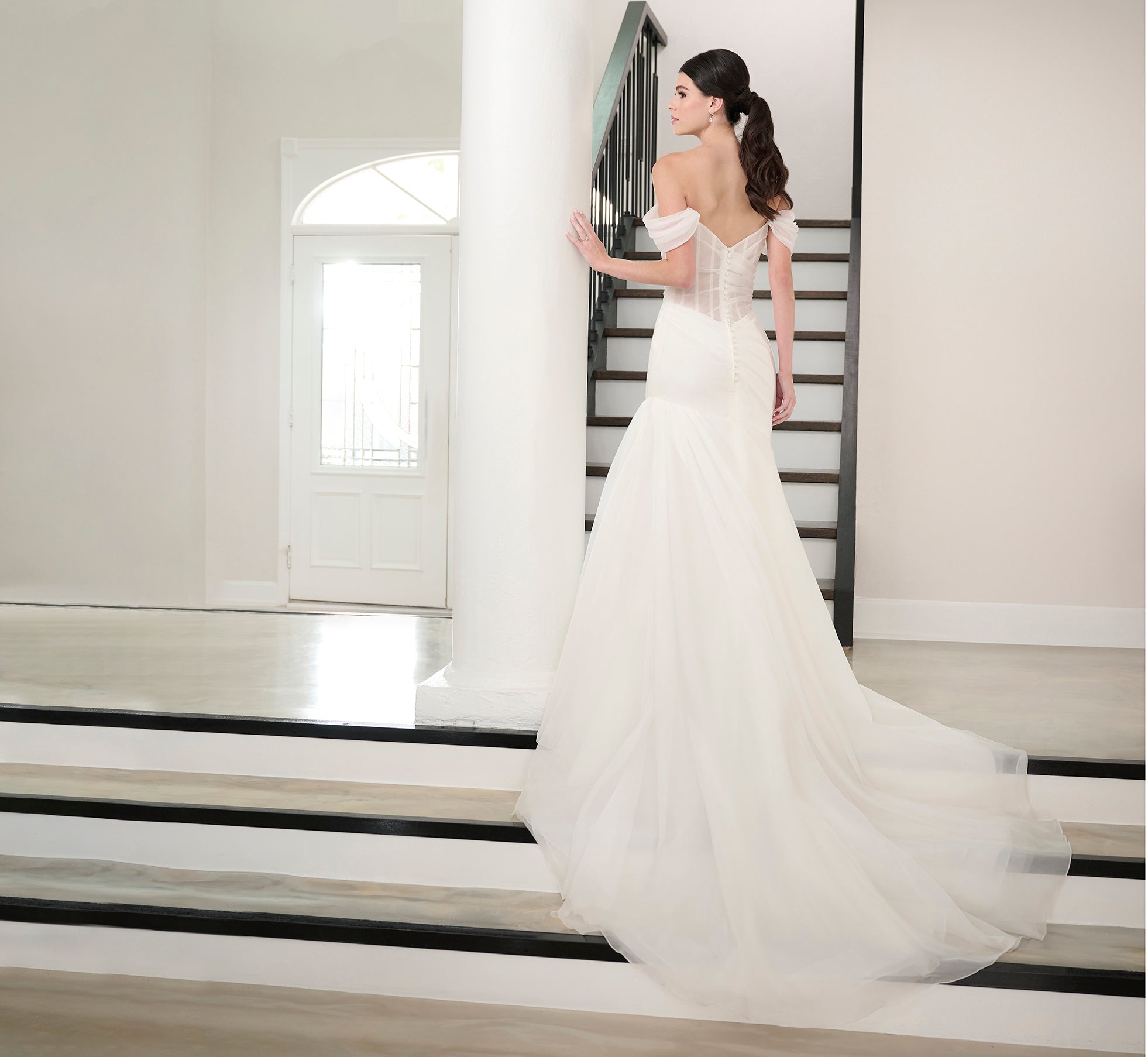 Watercolor Printed Organza Gown In Ivory