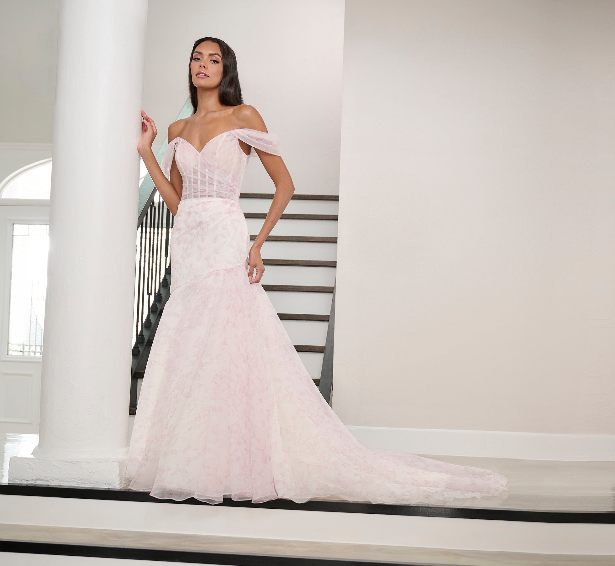 Watercolor Printed Organza Gown In Blush Multi