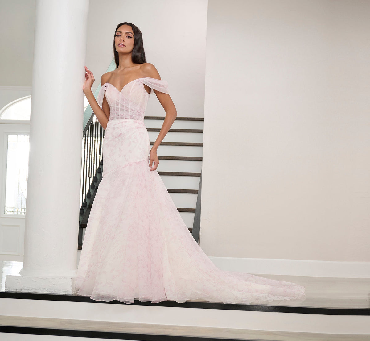 Watercolor Printed Organza Gown In Blush Multi