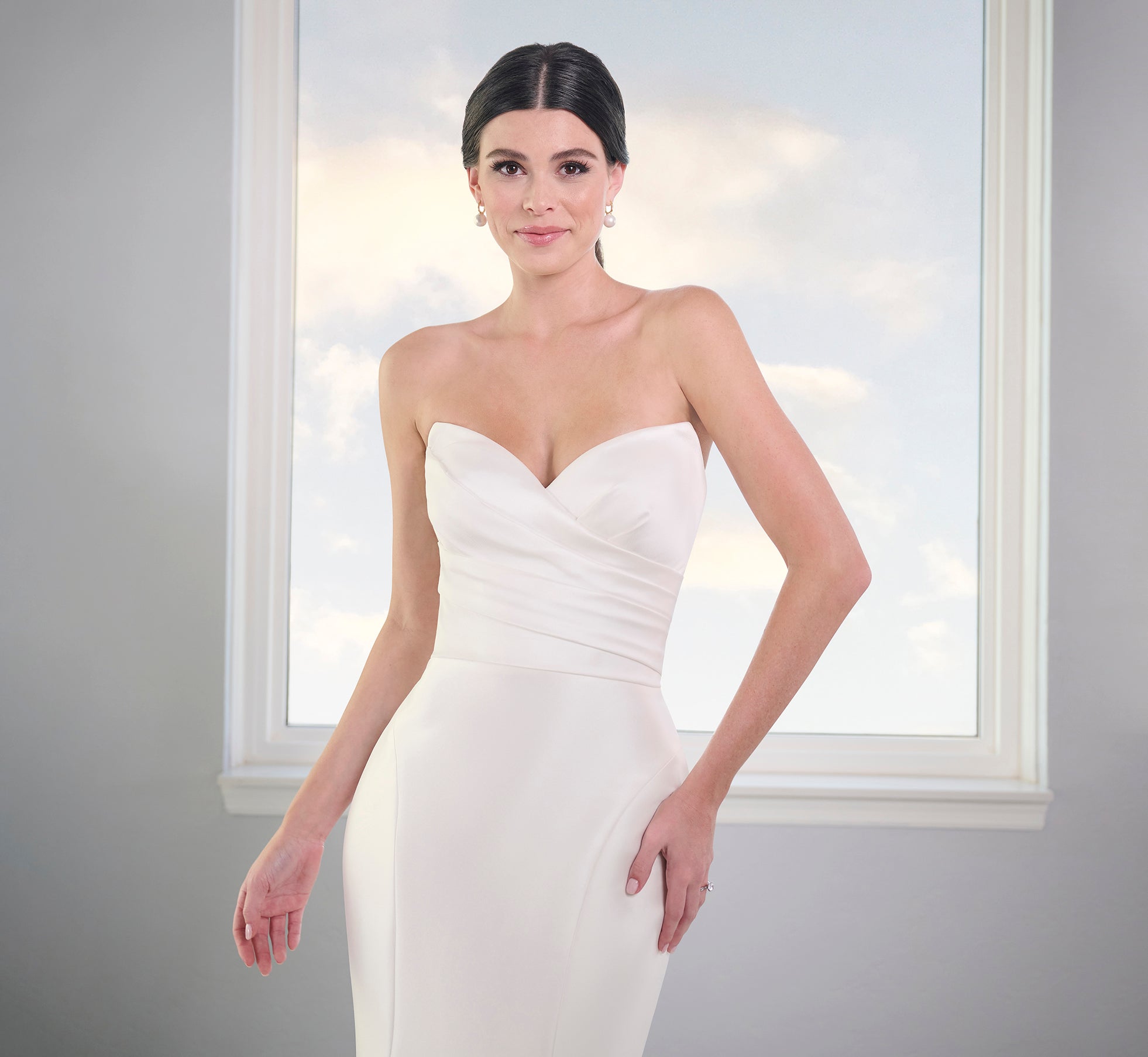 Stretch Mikado Gown With Studded Pearl Jacket In Ivory