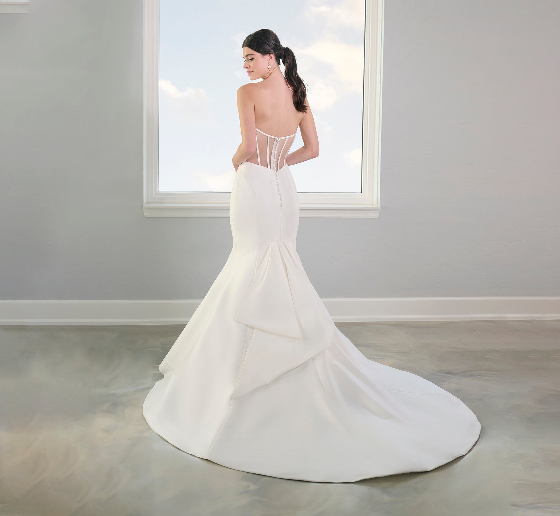 Stretch Mikado Gown With Studded Pearl Jacket In Ivory