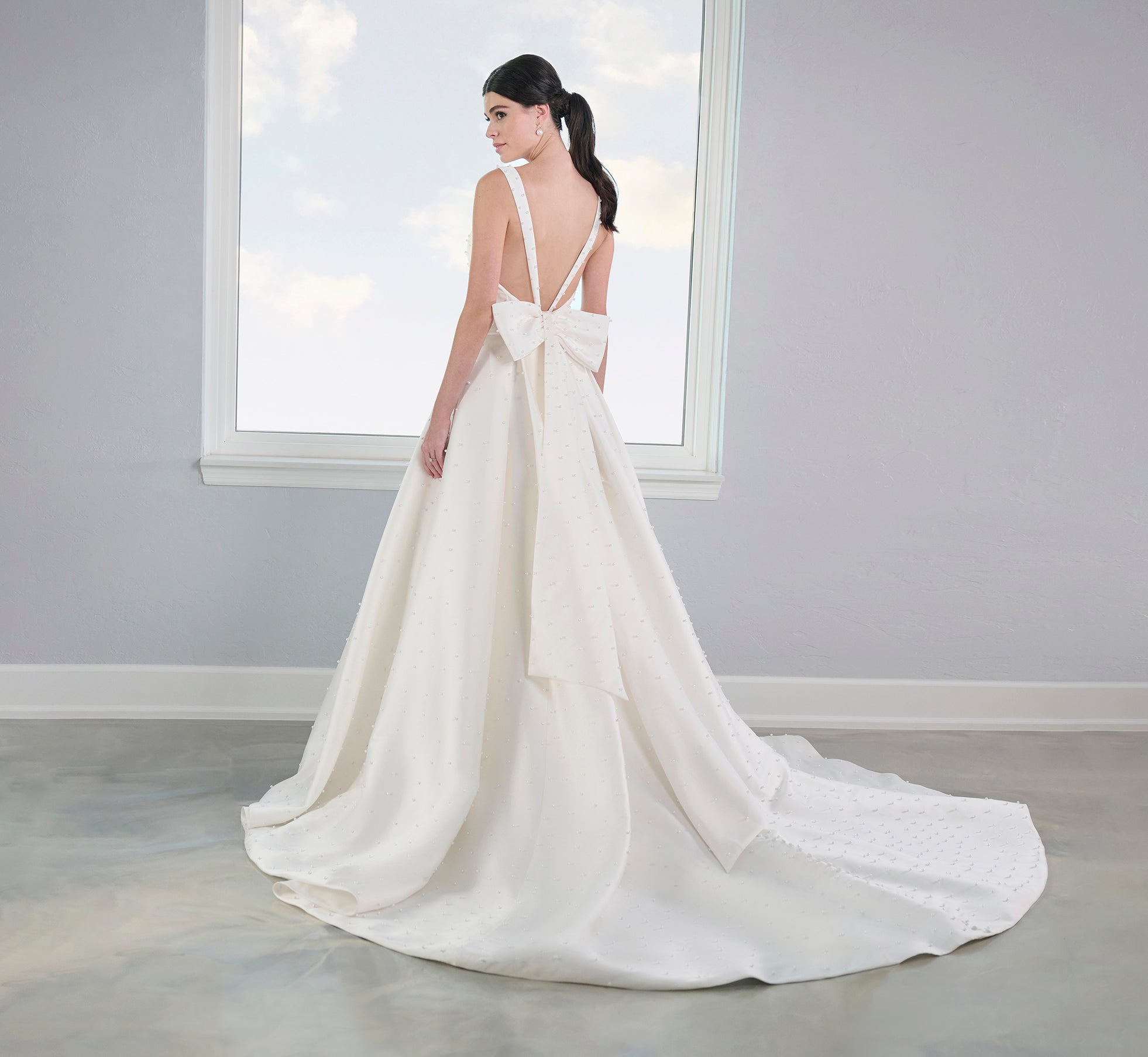 Pearl Studded Mikado A-Line Gown In Ivory Nude