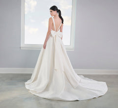 Pearl Studded Mikado A-Line Gown In Ivory Nude