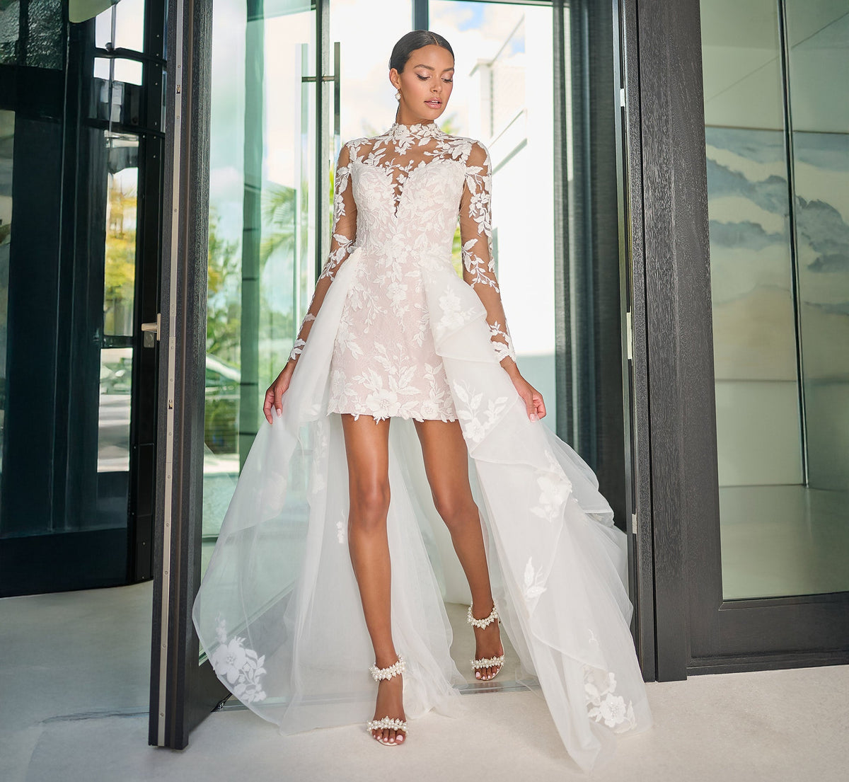 Chantilly Lace Short Dress with Detachable Tulle Overskirt in Ivory French Lilac Nude