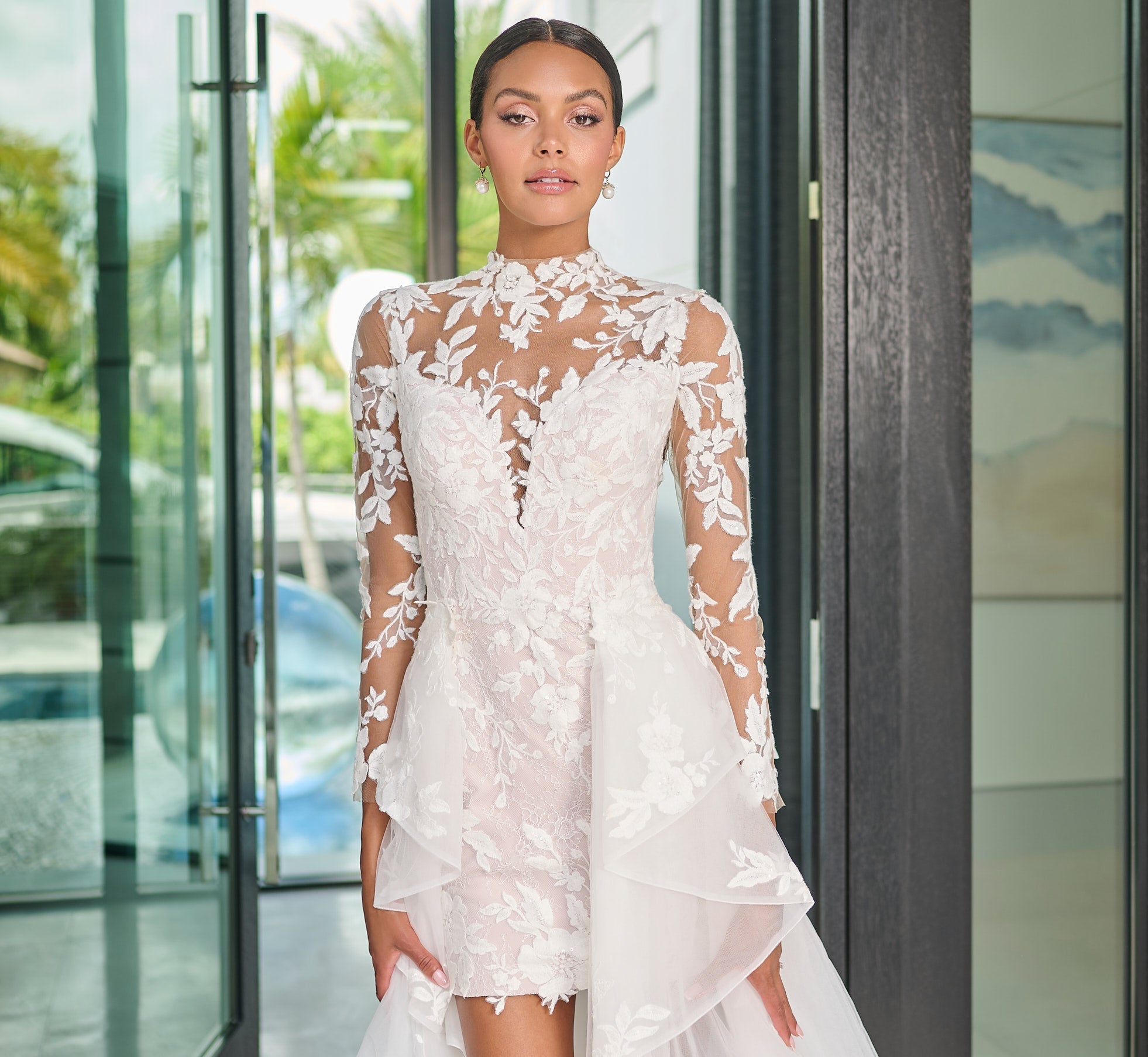 Chantilly Lace Short Dress with Detachable Tulle Overskirt in Ivory French Lilac Nude