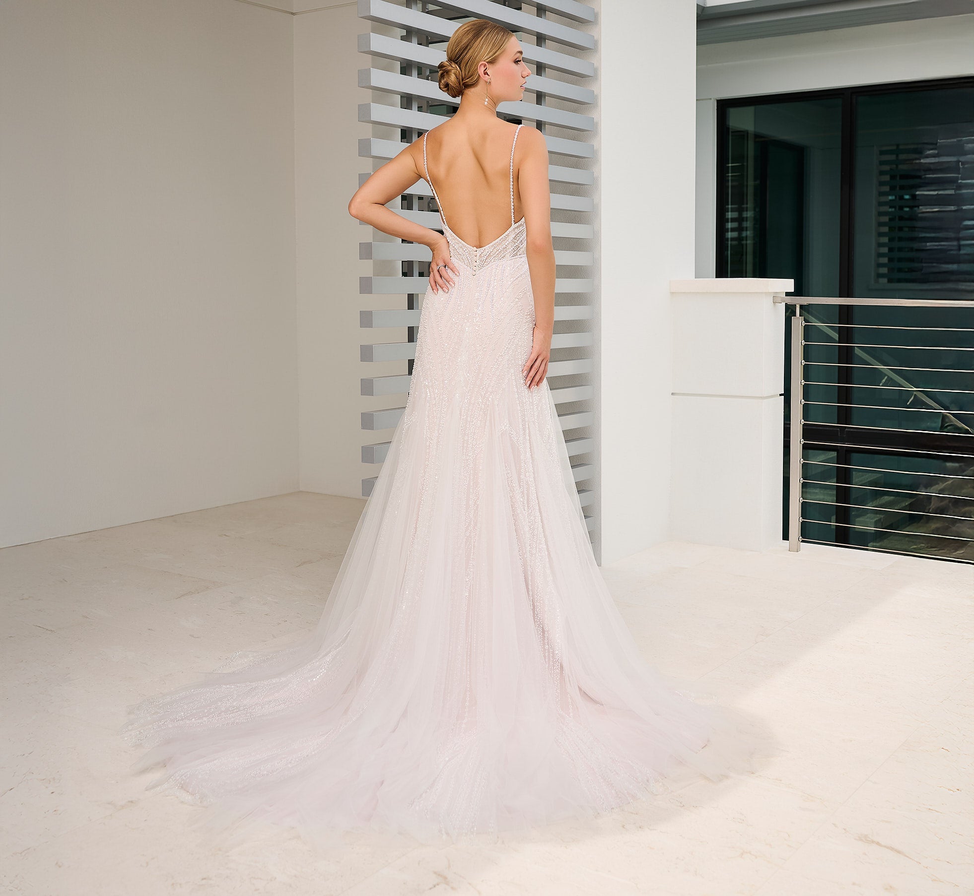 Micro Beaded Lace Slim Gown in Ivory French Lilac