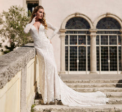 All over lace gown in Ivory French Lilac