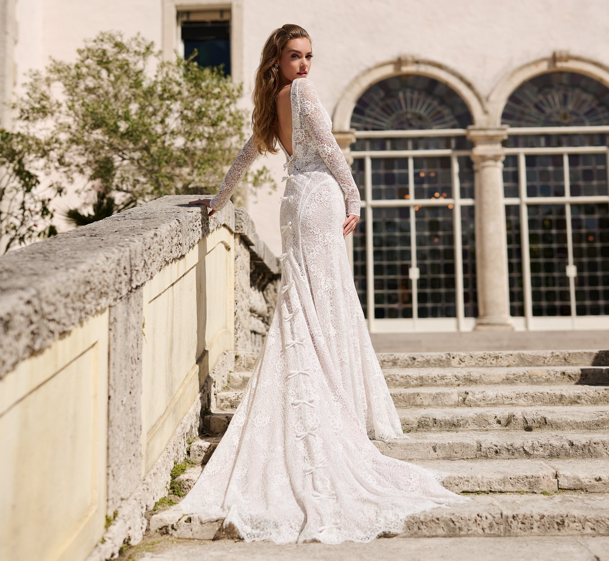 All over lace gown in Ivory French Lilac