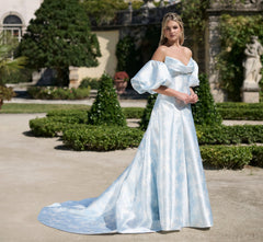 Printed Mikado A-line gown in Bluebell