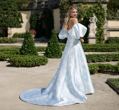 Printed Mikado A-line gown in Bluebell