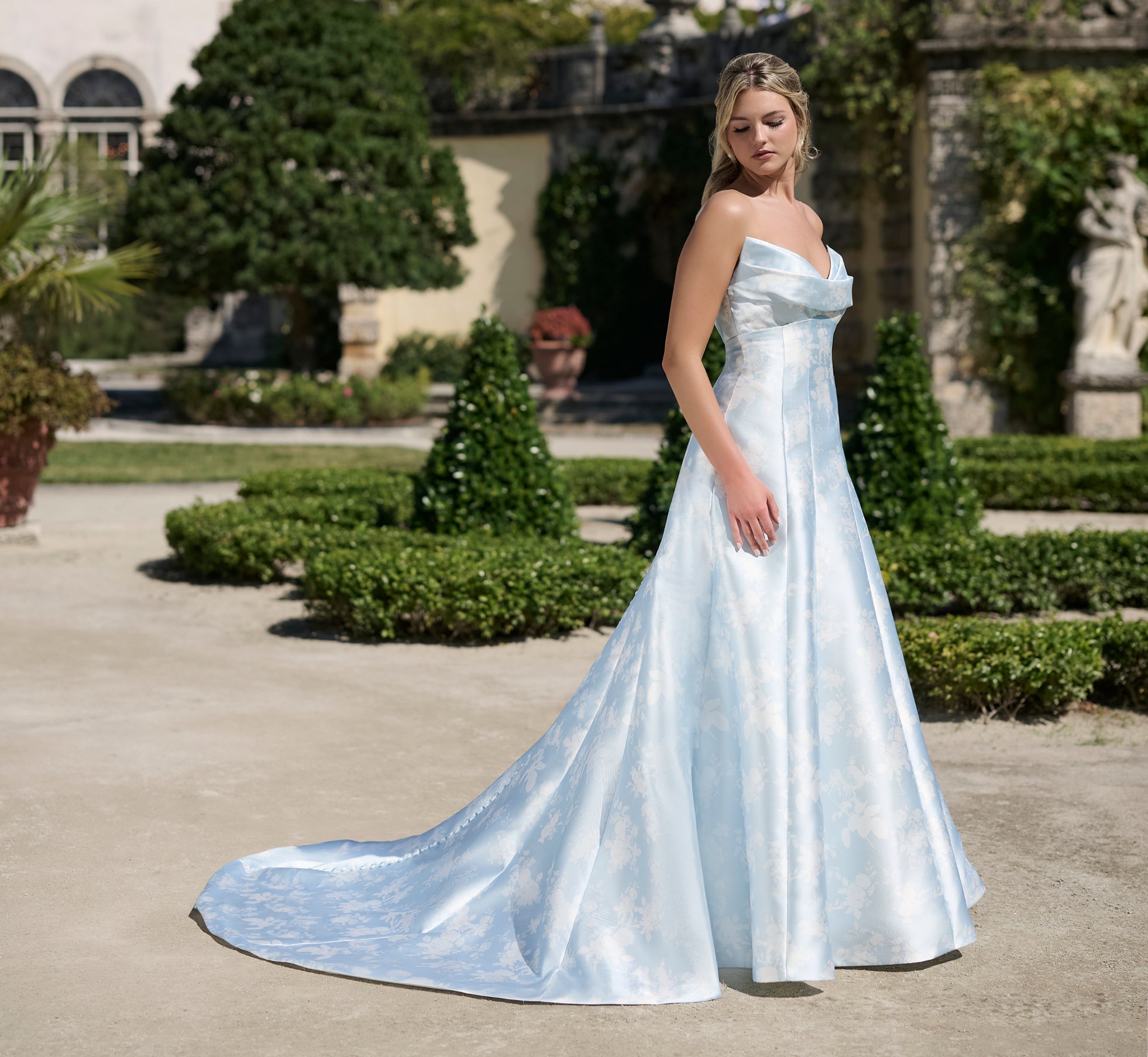 Printed Mikado A-line gown in Bluebell