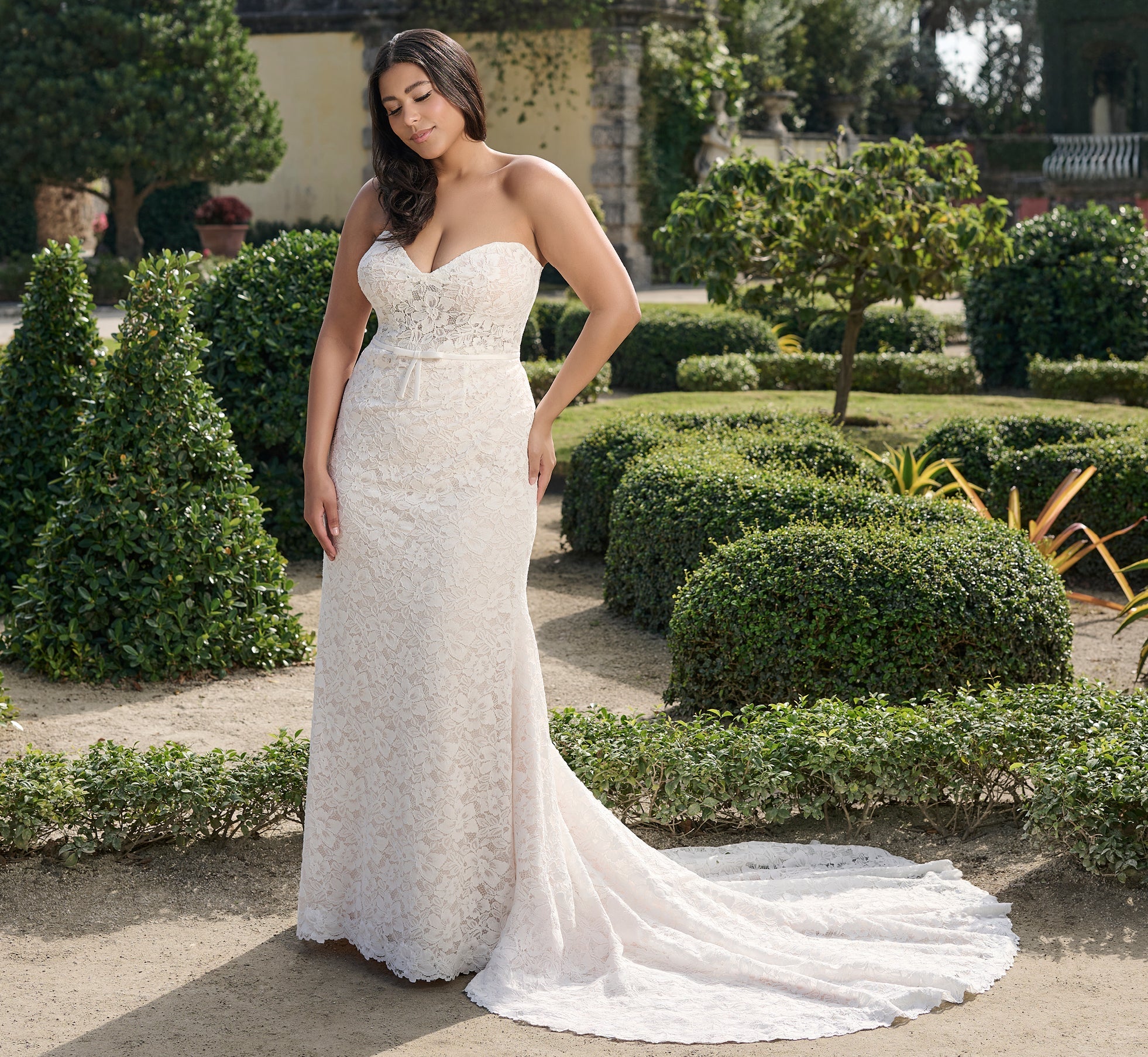 All Over Lace Slim Gown with Mikado shrug in Ivory Almond