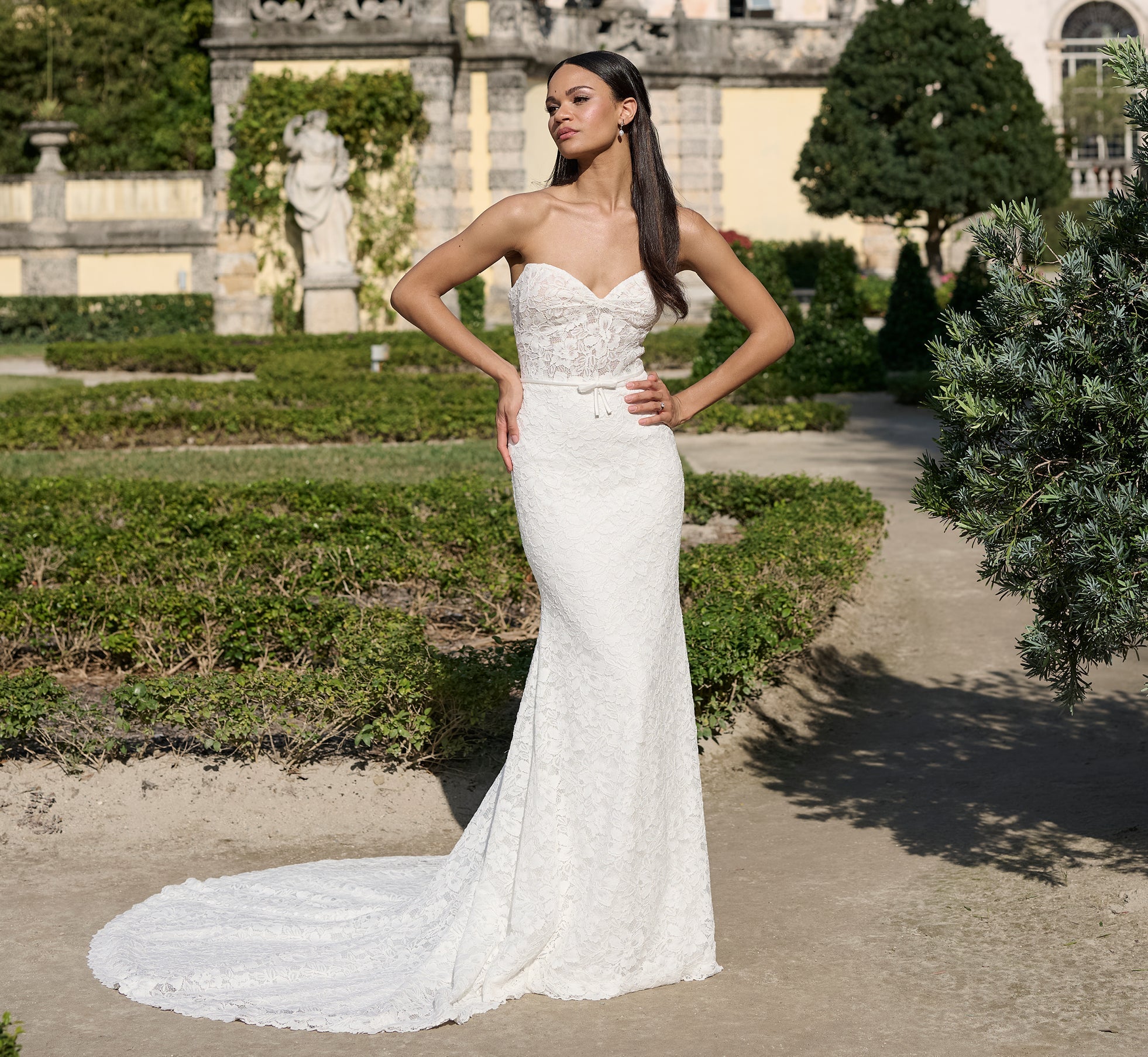 All Over Lace Slim Gown with Mikado shrug in Ivory