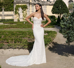 All Over Lace Slim Gown with Mikado shrug in Ivory