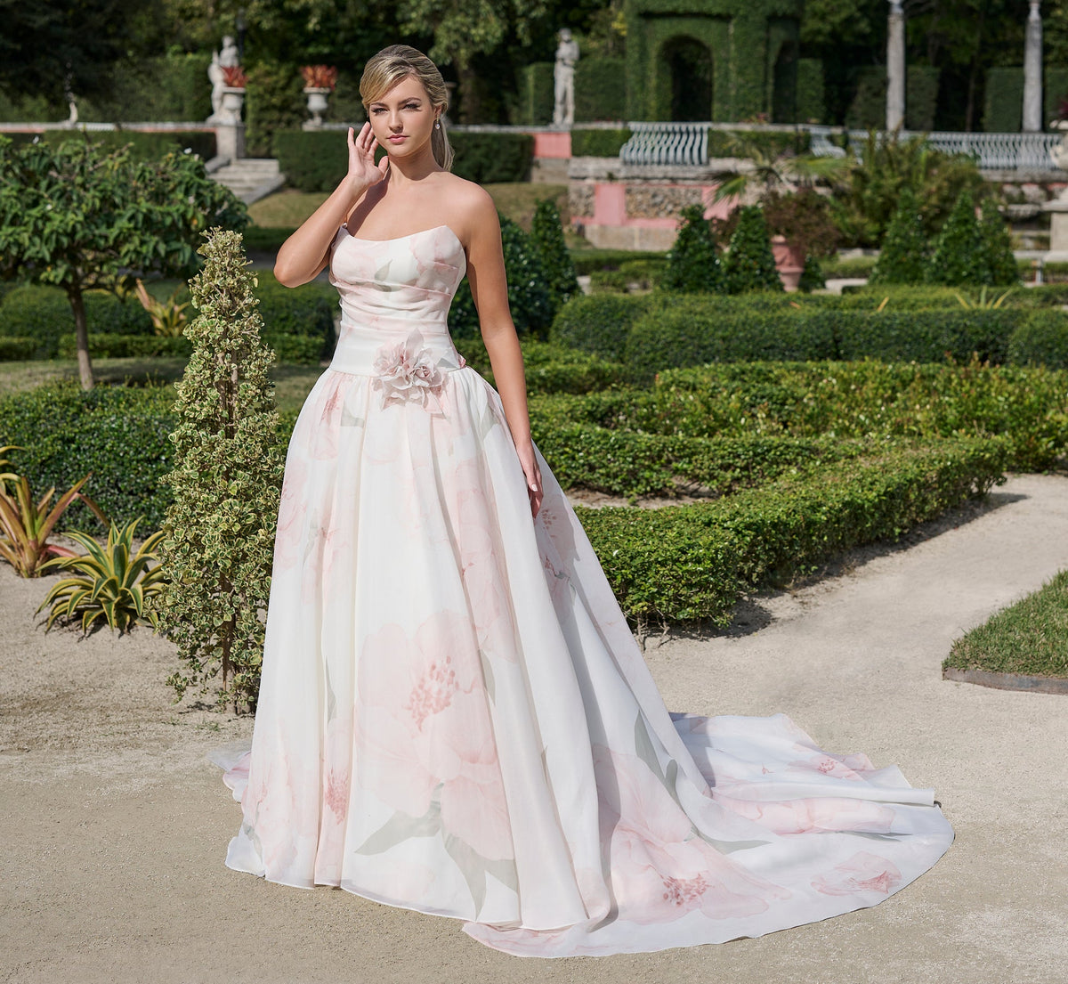 Printed Satin Faced Organza ballgown in Blushing Peony