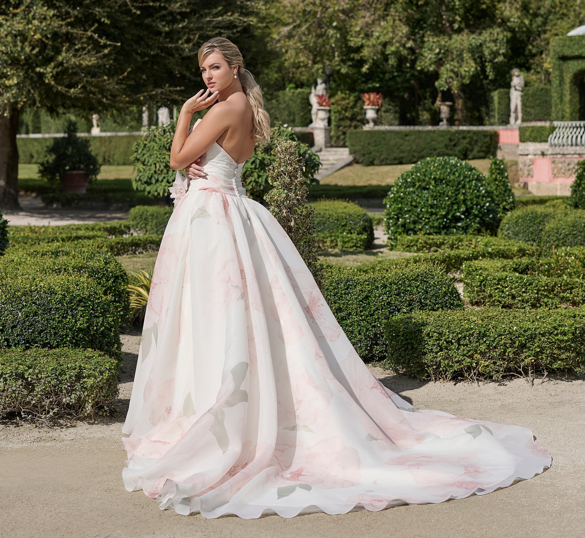 Printed Satin Faced Organza ballgown in Blushing Peony