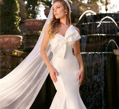 Stretch Mikado Mermaid gown with draped bow in Ivory